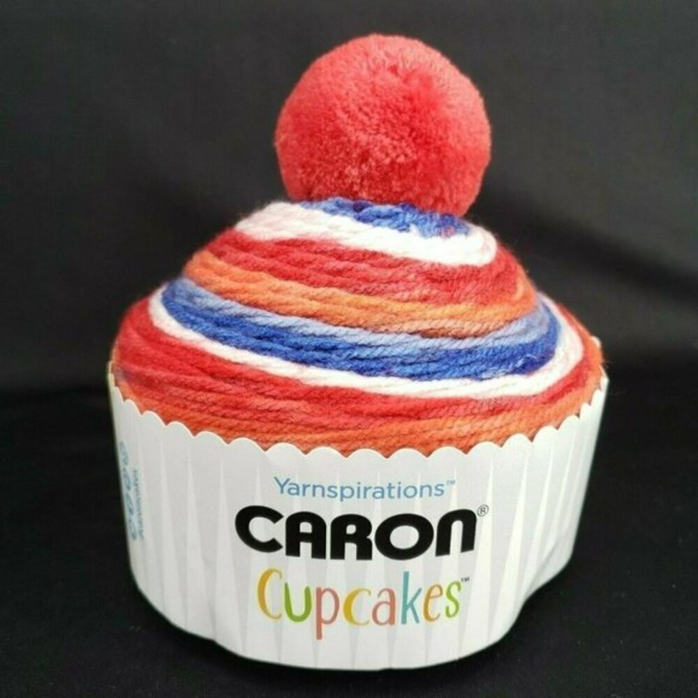 Caron Cupcakes Yarn Cherry On Top Red Blue Pom Pom Knit Crochet Hat Beanie New